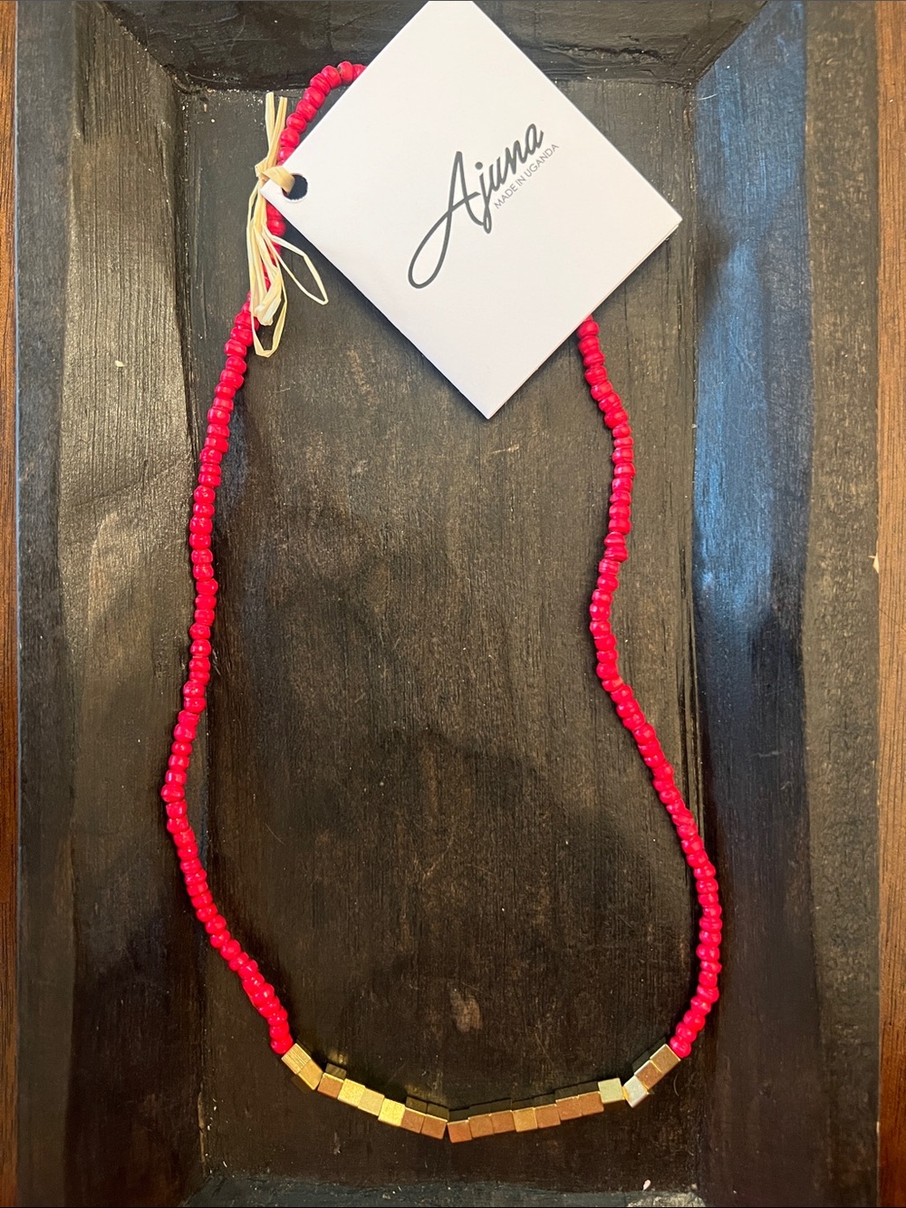 Ajuna Red paper Beaded Necklace with Gold Cube Accents